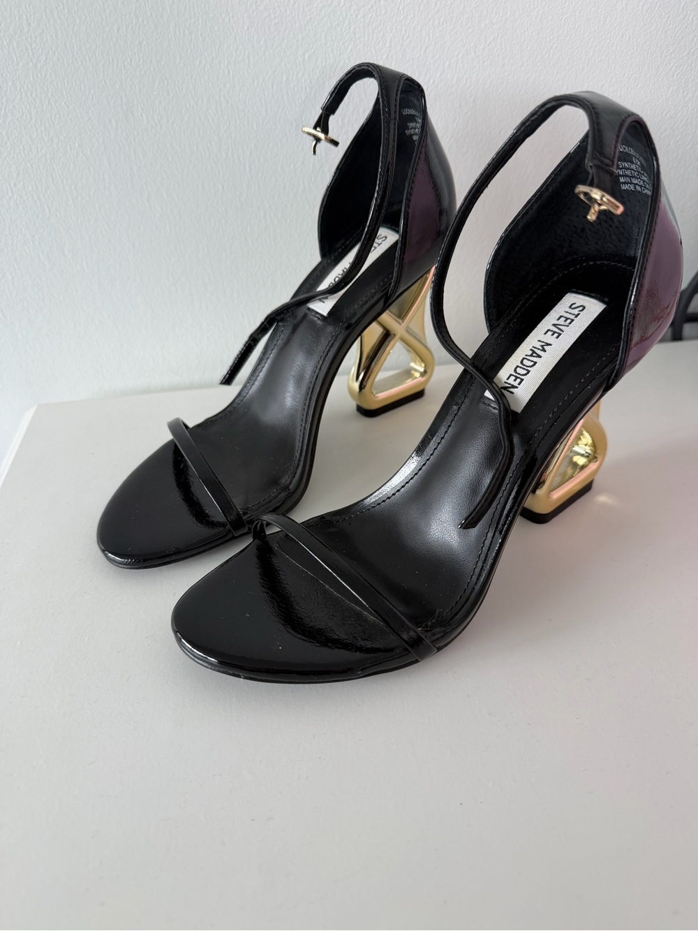 Steve Madden Black Patent Ankle-Strap Heels with Gold Sculpted Heel